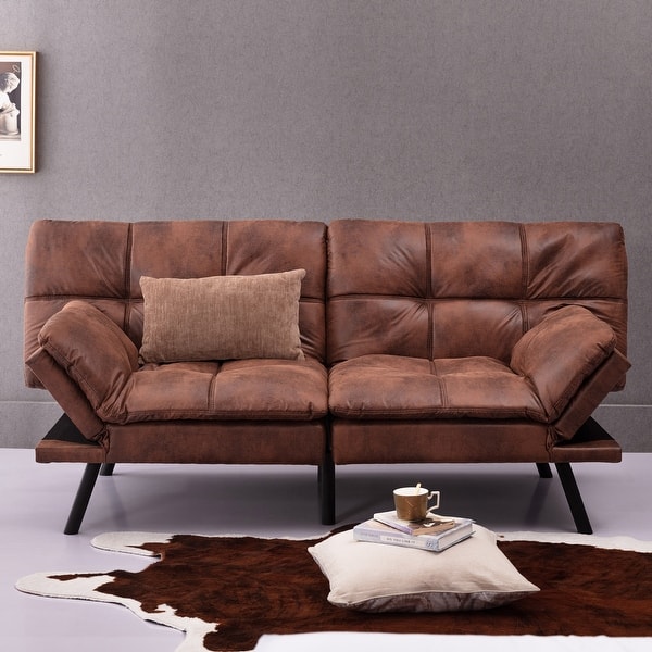 71 Convertible Memory Foam Futon Couch Bed, Modern Suede Leather Folding Sleeper Sofa for Living Room, Bedroom, or Office. - Brown