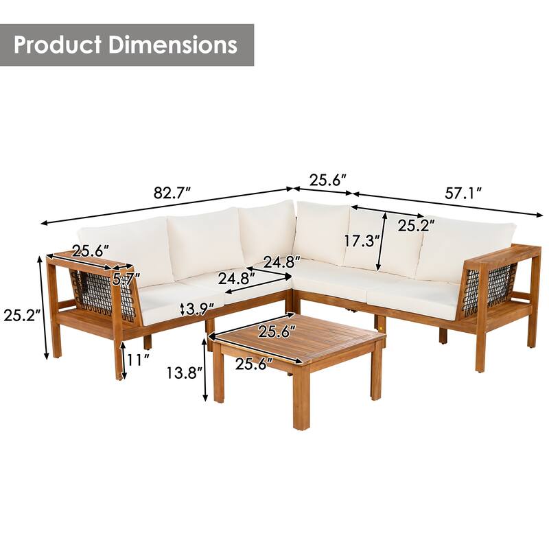 4-Pieces Outdoor Acacia Wood L-Shaped Sectional Sofa Set with Coffee Table and Arm Side Table