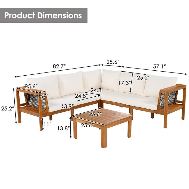 Roomfitters 4-Piece Outdoor Sectional Sofa Set with Coffee Table and Built-in Side Shelves, Wood Frame