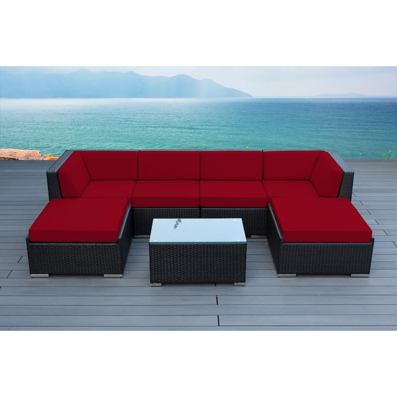 Ohana Black Wicker Outdoor 7-piece Conversation Set - No Assembly - Sunbrella Jockey Red