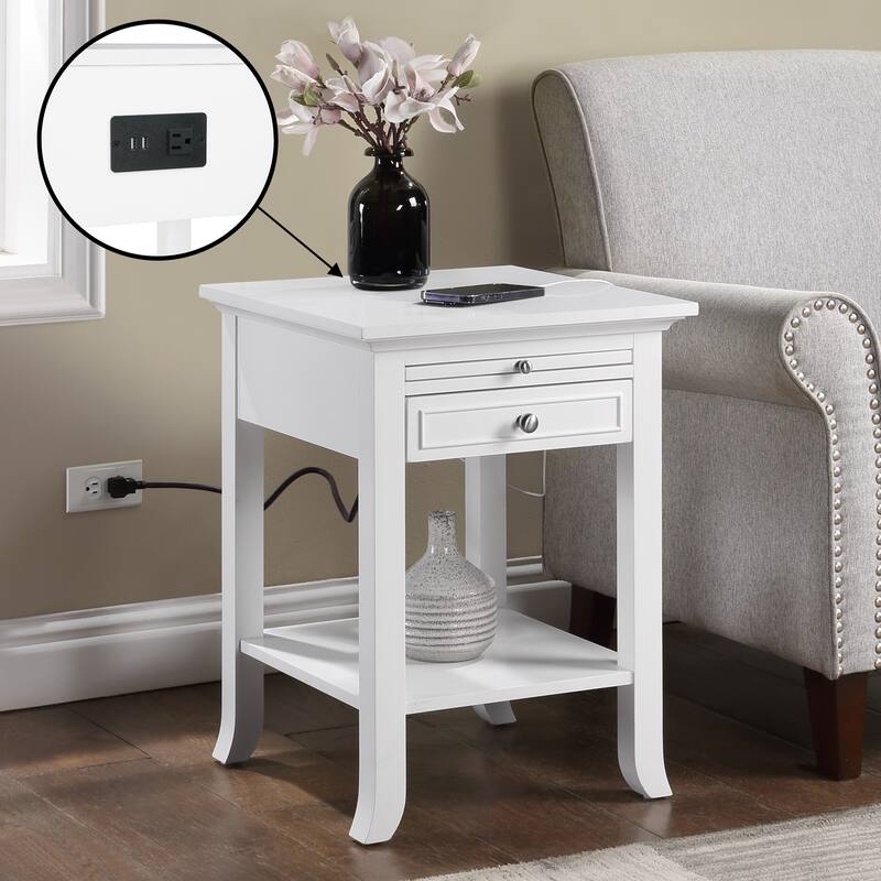 American Heritage Logan 1 Drawer End Table with Charging Station and Pull-Out Shelf - White