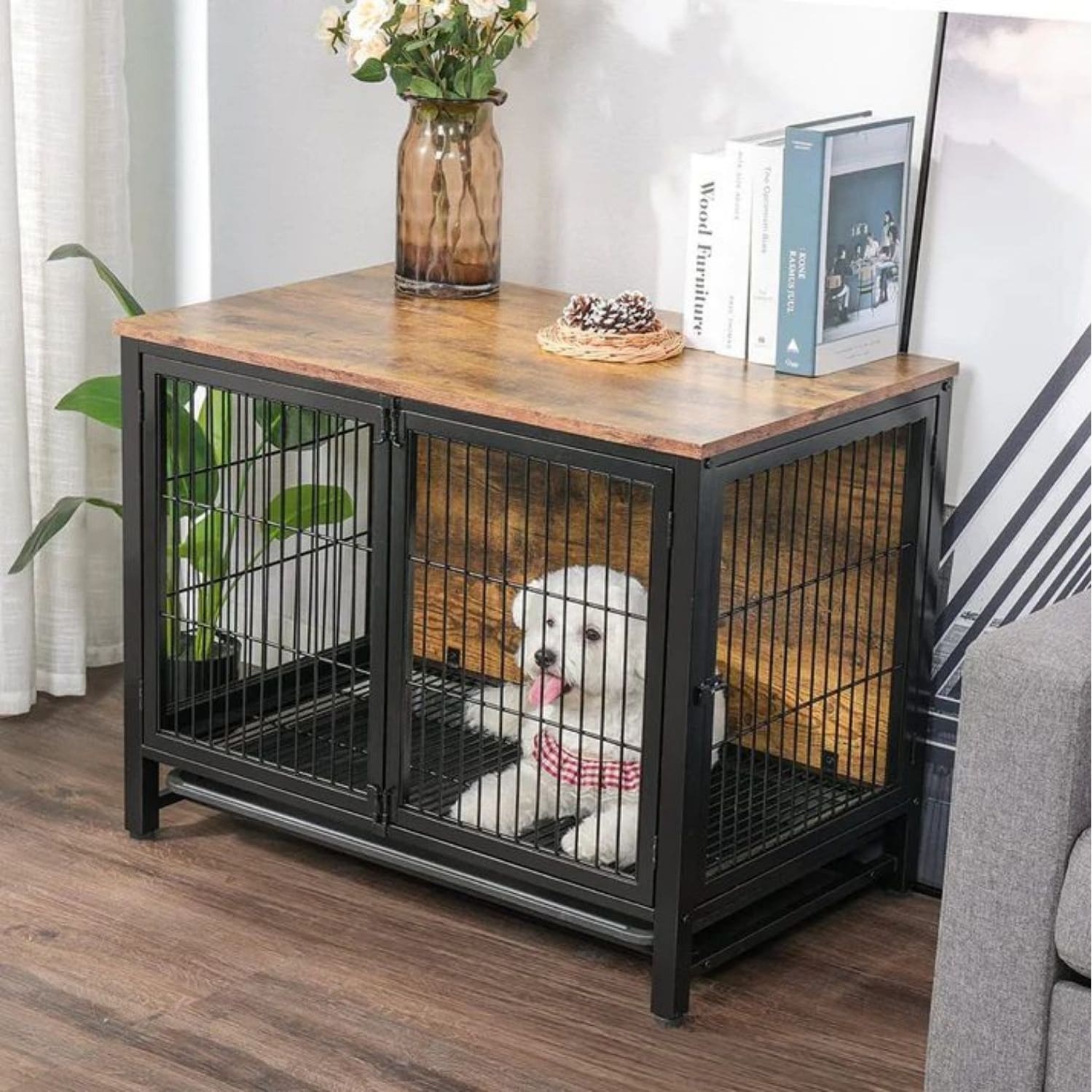 Dog Crate Furniture, 71 Inch Wood Dog Kennel, Dog Crate End Table with  Double Doors, Divider, TV Cansole Table, Indoor Dog Cage for Large Dog or 2