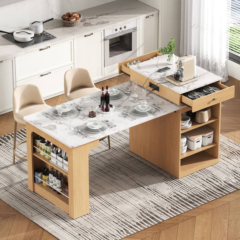 Modern 59.5" Extendable Kitchen Island - Double-sided Storage with 2 Drawers and Power Outlet