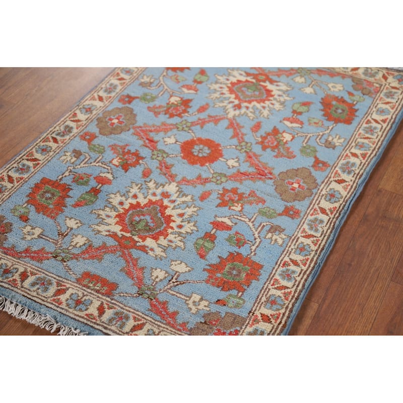 Light Blue Kazak Oriental Foyer Rug Hand-Knotted Floral Wool Carpet - 2'0" x 2'11"