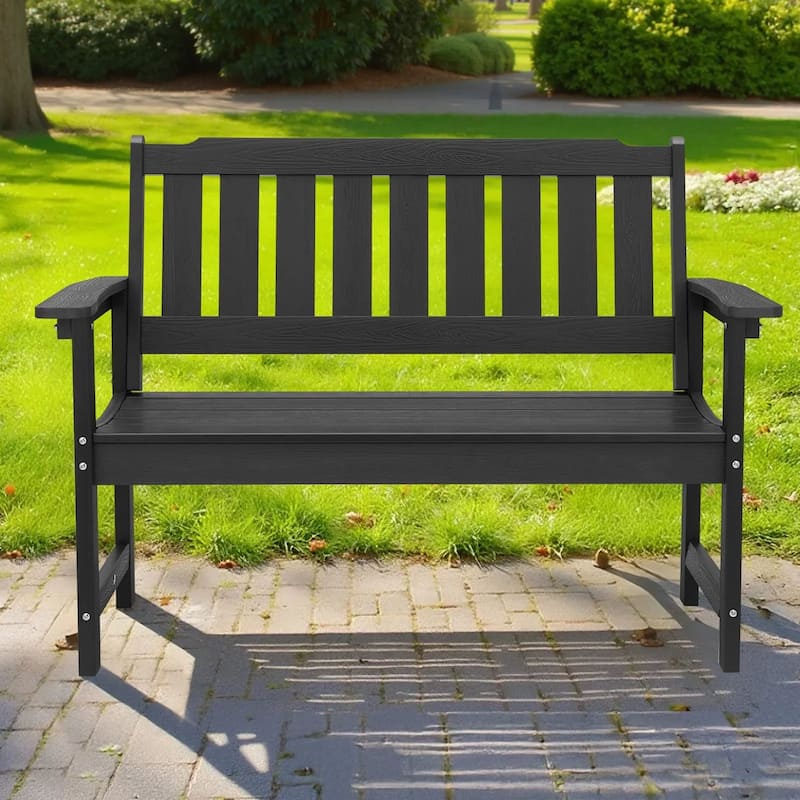 50.5-Inch Black Outdoor Bench with Backrest Armrests for Porch Patio Garden and Backyard Relaxation - 50.5” x 24.4” x 36.6”
