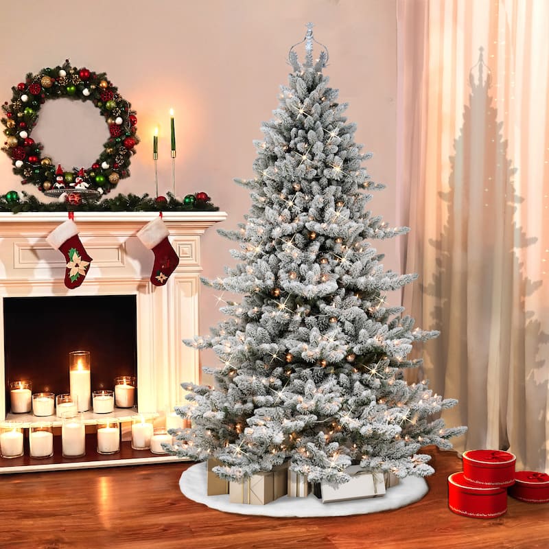 Puleo International 7.5 ft Pre-lit Flocked Royal Majestic Spruce with Silver Crown Artificial Christmas Tree
