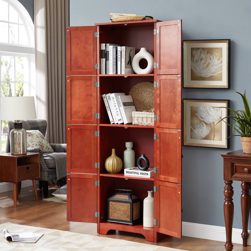 Tall Storage Cabinet Pantry Cabinet with 8 Doors, Corner Cabinet Side Cabinet Hallway Cabinet for Kitchen, Cherry