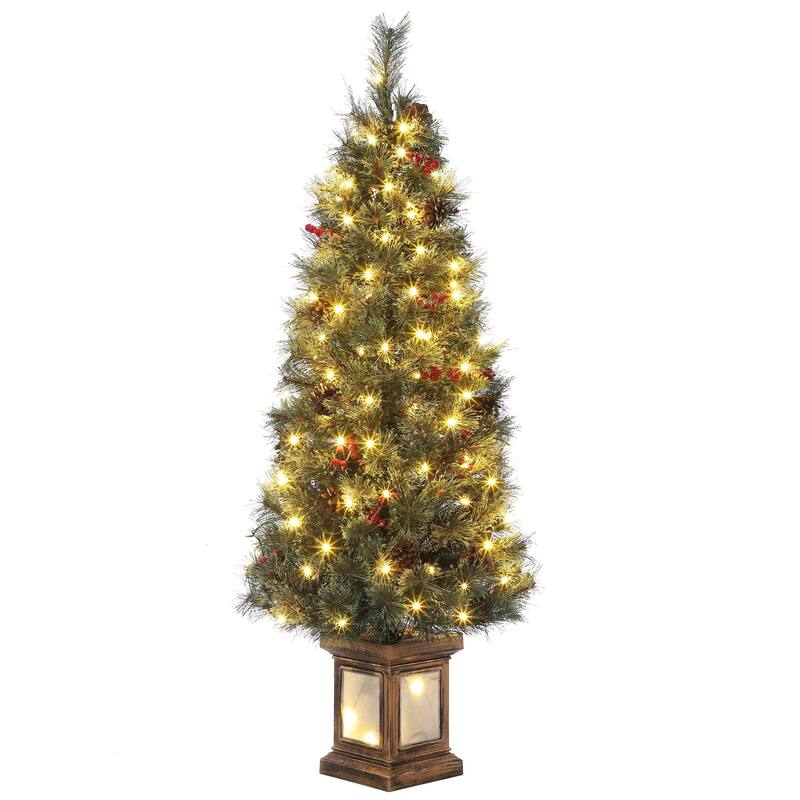 4.5FT Pre-Lit Christmas Tree Holiday Xmas Tree with Lighting Vintage Potted Base
