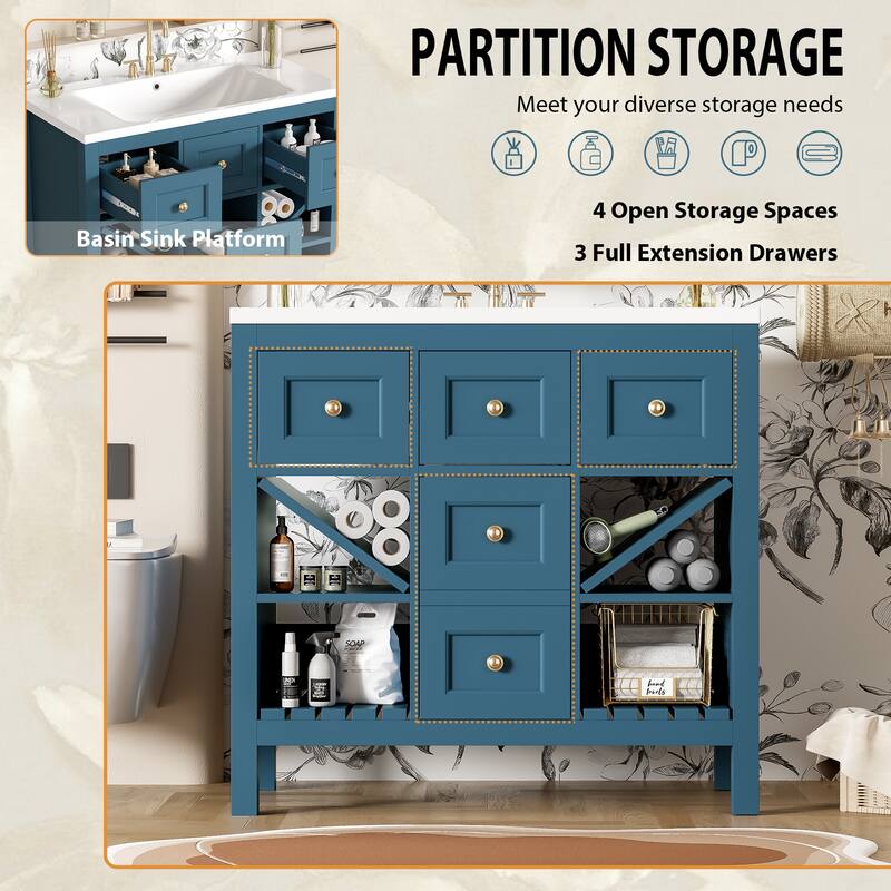 Modern 36" Bathroom Vanity with Resin Sink, 5 Drawers, Soft-Close Doors, Solid Wood Frame for Bathroom Storage