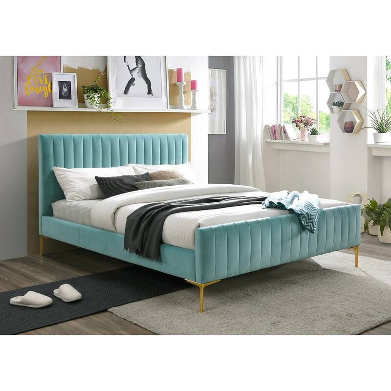 Omax Decor Julia Upholstered Platform Bed with Channel Tufted Headboard and Gold Legs