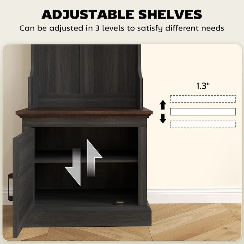 Multi-Functional Hall Tree with Bench Coat Rack Shoe Storage and Top Storage Compartments - 23.1" W x 15.7" D x 70.9" H