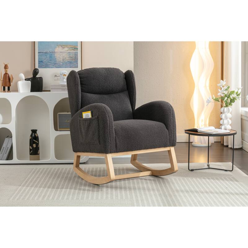 Dark Gray Modern 38" High Back Upholstered Rocking Chair with Wood Legs and Packet