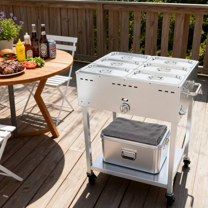 Outdoor Mobility This propane food warmer hasfour3"lockable wheels for easy movement&stability plus a metal push handle.