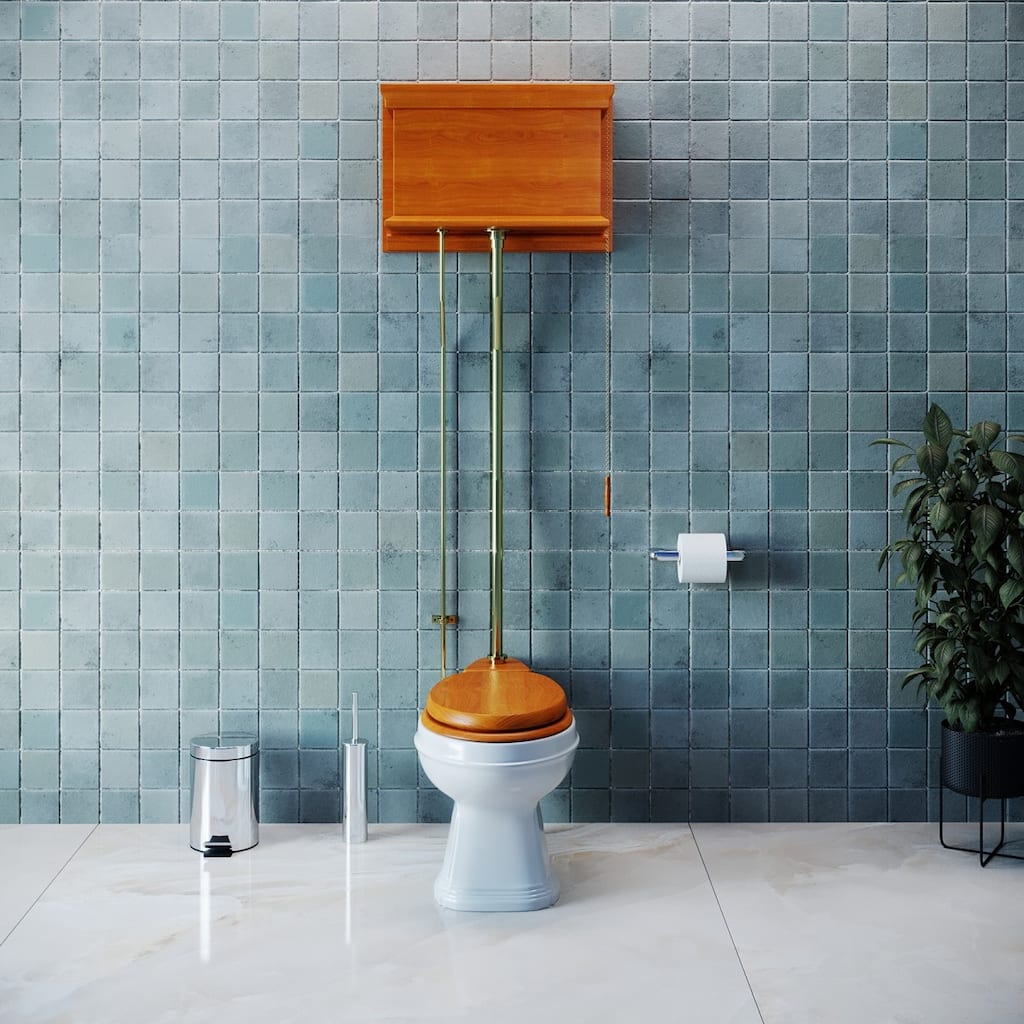 Light Mahogany Wooden High Tank Toilet Flat Tank, Brass PVD Z Pipe and Round White Bowl