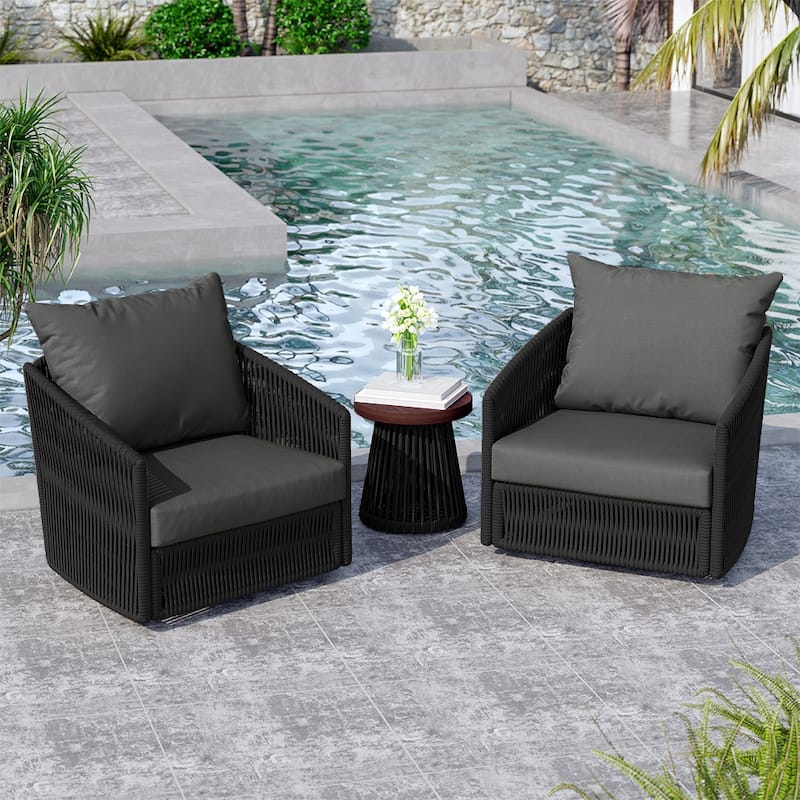 3 Piece Patio Woven Rope Swivel Chair Seating Group with Cushions