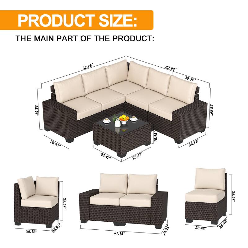 Outdoor Patio Sofa,6 Piece Rattan Furniture Set with Glass Table