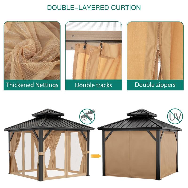 Outdoor Galvanised Steel Hardtop Gazebo, with Netting and Sunshade Curtains