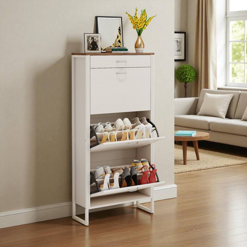 25.6" Slim Shoe Storage Cabinet with 3 Flip Drawers and 1 Drawer, Freestanding Entryway Shoe Organizer for Small Spaces