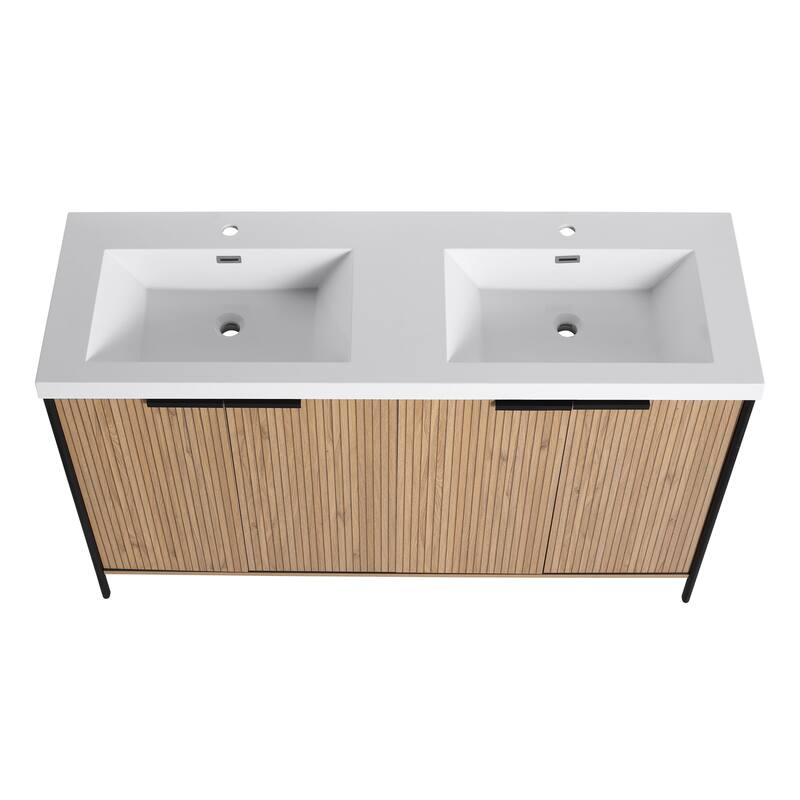 59-inch Double Sink Bathroom Vanity with Adjustable Shelves, Soft-Close Hinges, Resin Basin