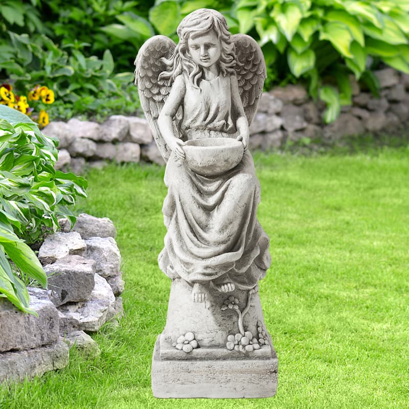 Glitzhome 31.25"H Vintage MgO Angel Distressed Garden Statue Sculpture with a Birdfeeder