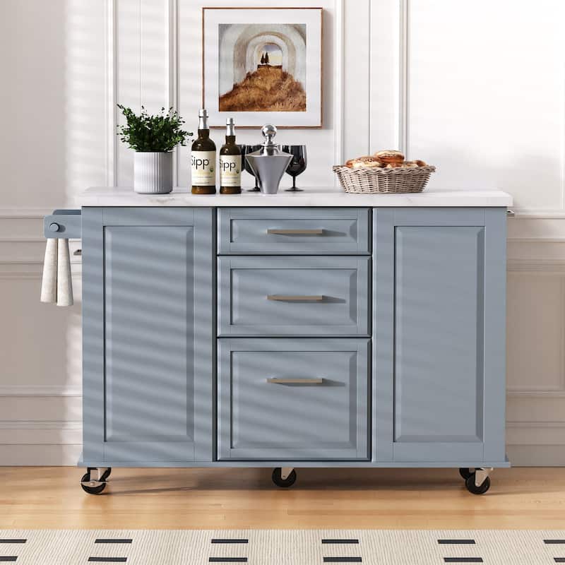 Roomfitters 50.7" Kitchen Island with Tilt Trash Can Cabinet, Pull-Out Organizer & Drop Leaf, Faux Marble Top, Grey Blue - Grey+Blue