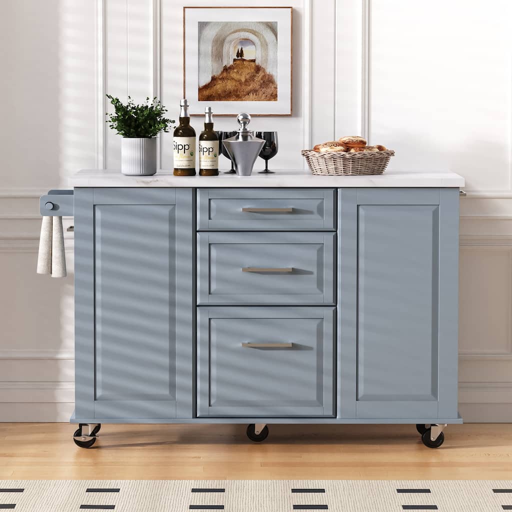 Roomfitters 50.7" Kitchen Island with Tilt Trash Can Cabinet, Pull-Out Organizer & Drop Leaf, Faux Marble Top, Grey Blue