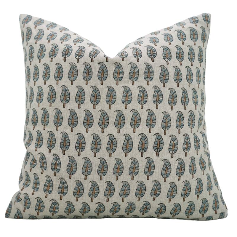 Fabdivine Block Print 12x20 Inch Pillow Cover Pure Linen Floral Farmhouse Decor Accent for Brown Soft, Cushion Case, Kanak Buti - Pillow Covers - Lil Paisley- Grey, Blue, Brown - 14" x 14"