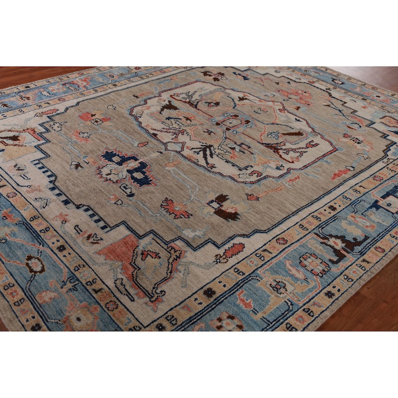 Hand Knotted Oriental 100% Wool Carpet Transitional Medallion Beige & Ivories Oushak Area Rug - 9' 7'' X 8' 0''