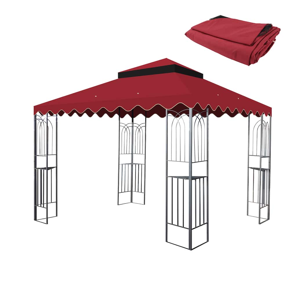 10x10 Ft Outdoor Patio Gazebo Replacement Canopy, Double Tiered Roof Cover with Wavy Border - Red