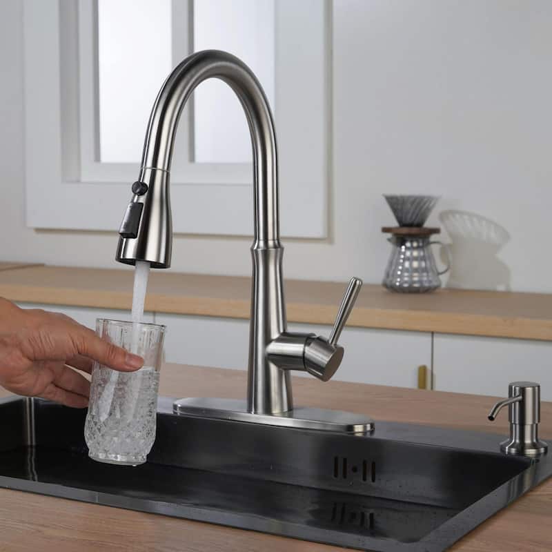 WOWOW Single Handle 3-Mode Pull Out Sprayer Kitchen Faucet