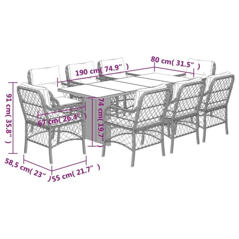 vidaXL Patio Dining Set with Cushions Table and Chair 7 Piece Poly Rattan