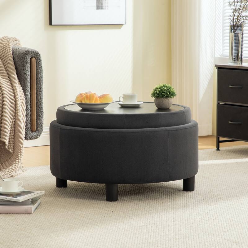 29.33"W Upholstered Round Ottoman With Reversible Lid,Fleece Fabric Storage Stool,Hand-pulled buckle decoration Design Footstool