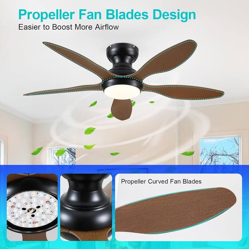 46" Modern Flush Mount Ceiling Fan with LED Light and Remote APP Control Reversible DC Motor for Living Room Bedroom - 46 Inches