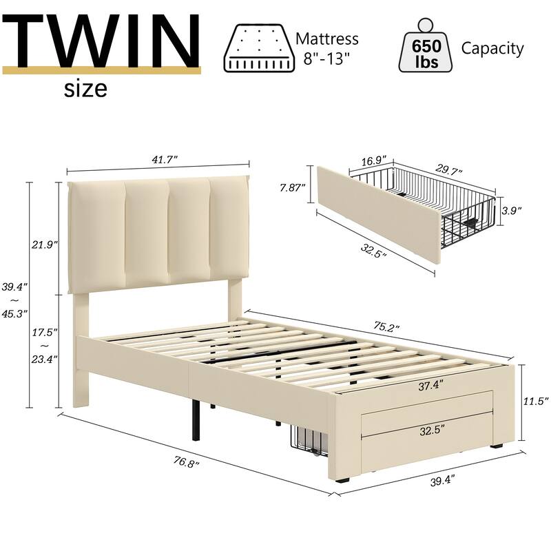 VECELO Set of 2 Kids Bed Frame with Storage Drawer Height Adjustable Upholstered Bed Twin Size Bed