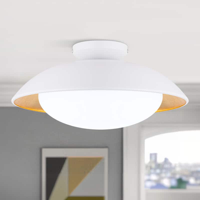 Starsky 1-light 15in. Bowl Ceiling Light Frosted Glass Shade Semi Flush Mount - Black - White