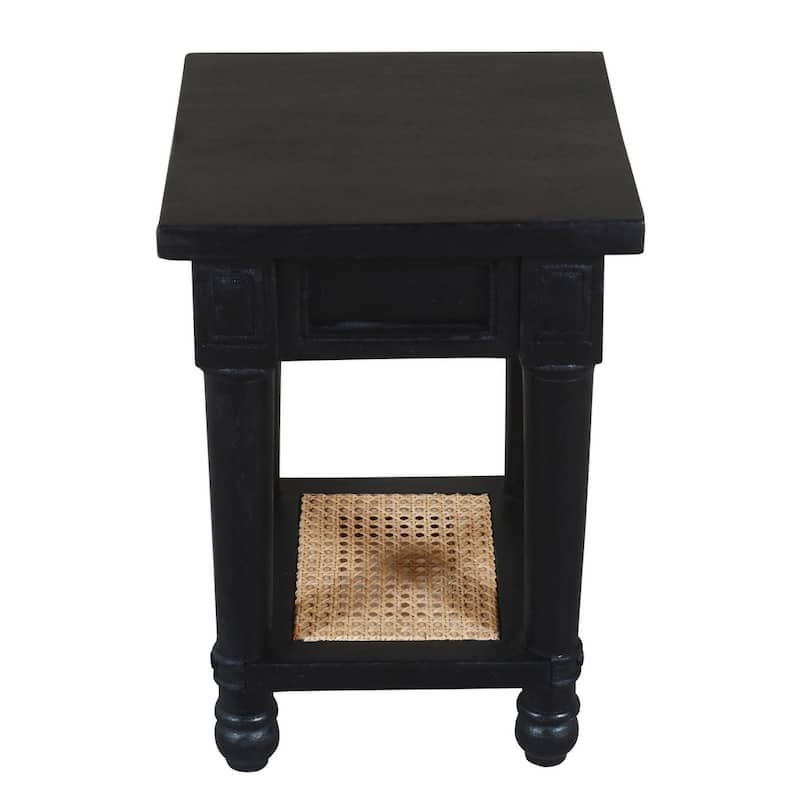 HomeRoots 20" Black And Natural Solid Wood And Cane Square End Table With Shelf - 14 in. x 20 in. x 14 in.