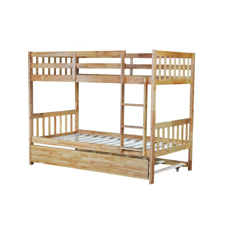Convertible Twin Over Twin Bunk Bed with Trundle, Ladder, and Safety Guardrails, White Oak Finish