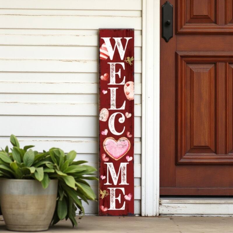 HomeRoots 48" Red And White Solid Wood Valentine's Day Heart Welcome Porch Sign - White/Red/Pink - Wood