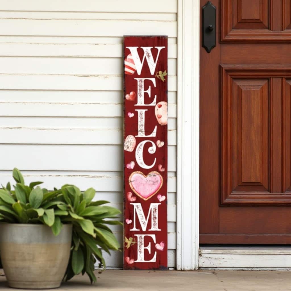 HomeRoots 48" Red And White Solid Wood Valentine's Day Heart Welcome Porch Sign