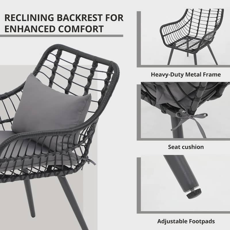 3-Piece Outdoor Bistro Set with Glass Side Table, Rattan Patio Chairs, Conversation Set for Porch, Garden, Balcony
