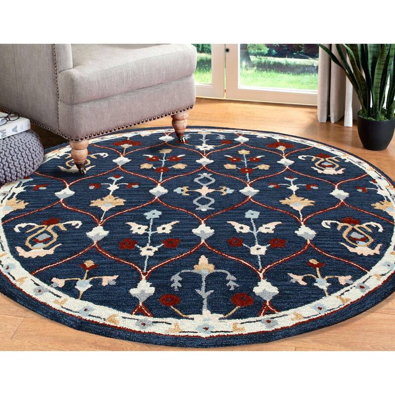 Sevita Navy/Red Trellis Round Area Rug