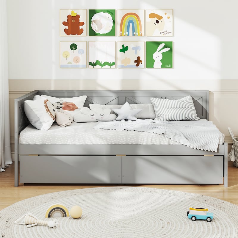 Twin Size Wooden Corner Sofa Daybed Frame with 2 Storage Drawers and Slats for Kids or Guest Bedroom