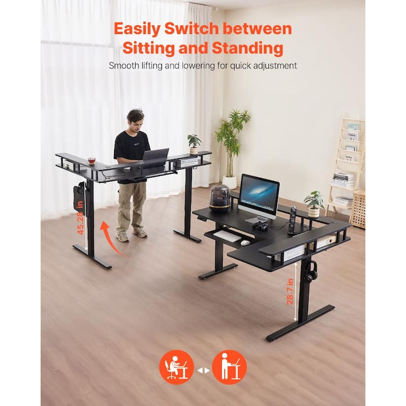 Black Particleboard L-Shaped Electric Height Adjustable Desk with LED Strip and Power Ports