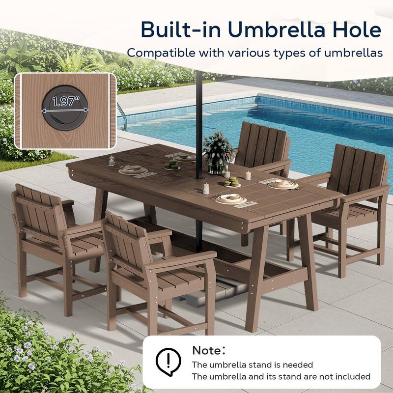 HDPE Patio Dining Set with Rectangular 67.91in W Table with Umbrella Hole and 4 Chairs - N/A