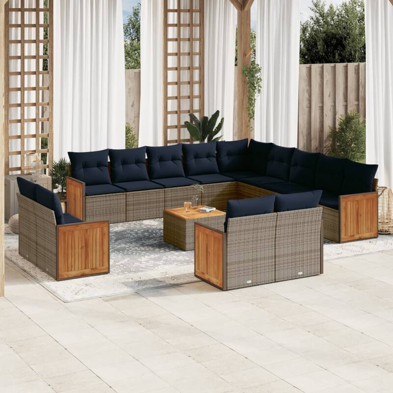 vidaXL 13/14 Piece Patio Sofa Set with Cushions Black/Gray Poly Rattan - 21.7 x 24.4 x 27.2 - Gray With table