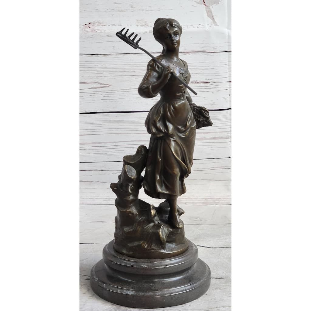 Peasant Farmer Girl W/ Rake Harvest Bronze Statue Sculpture Figure Desmure 12 Inches X 6 Inches