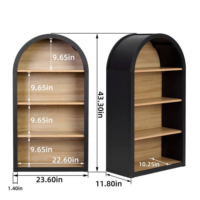 43" Tall 4-Tier Arched Bookshelf – Black Storage Bookcase with Adjustable Shelves, Freestanding for Living Room, Office, Bedroom