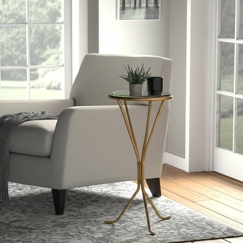 Iron Glass Round Top Accent Table Sculptural Tripod Base - 23" Gold - 10.5" x 10.5" x 22.5"