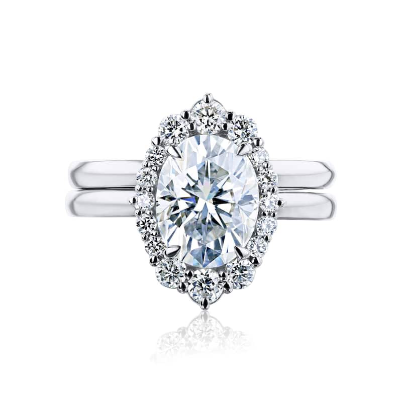 Kobelli August Collection 2.5 Carat Moissanite & Diamond 14k Solid Gold Oval Rococo Halo Plain Bands Ophelia 2pc Bridal Set - 6.5 - White