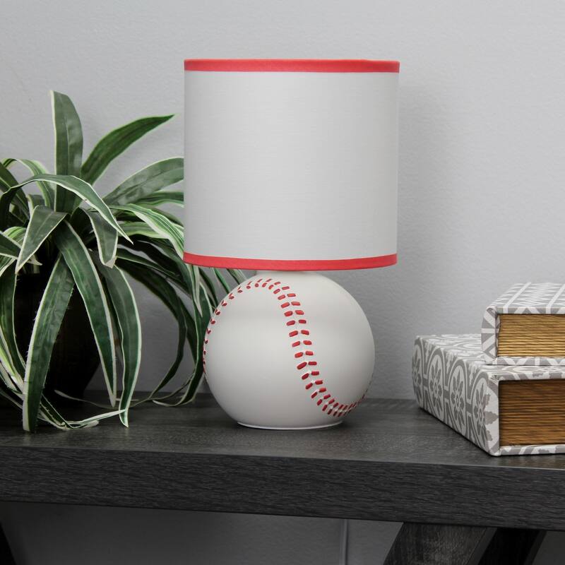 10.7 in. White and Red Finish Baseball Base Table Lamp with White Shade, Sturdy Table Lamp for Living Rooms and Bedrooms